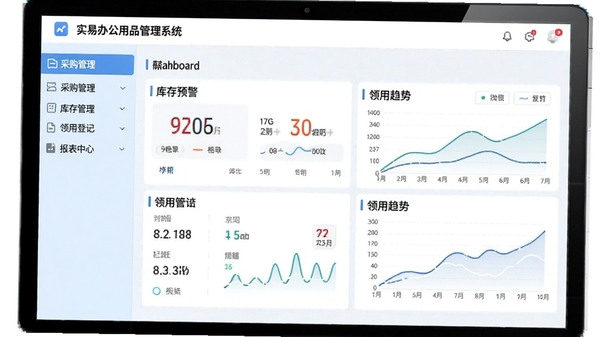 实易办公用品管理系统主界面展示,左侧导航栏包含采购管理、库存管理、领用登记、报表中心,中间数据看板显示库存预警和领用趋势,界面简洁现代,浅蓝色主题,高清截图风格