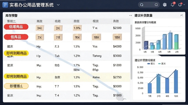 实易办公用品管理系统库存预警界面,红色标记低库存商品,黄色标记即将到期商品,右侧显示建议补货数量,数据表格清晰,界面带数据可视化图表