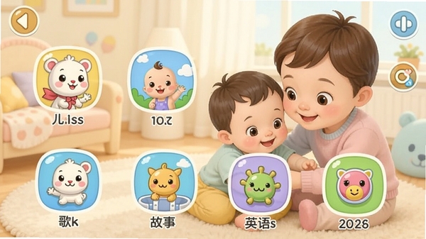 ���������Ƶ�����������ͼ��չʾ�ɰ��Ŀ�ͨ��������棬�������衢���¡�Ӣ��ȷ���ͼ�꣬����Ϊ��ܰ�����ӻ���������ɫ��������ͣ�����ͯȤ