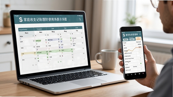 家庭收支记账理财使用场景示意图,电脑和手机同时显示数据同步