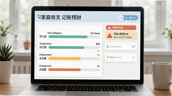 家庭收支记账理财预算管理页面,显示各分类预算进度条和预警提示