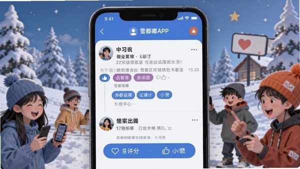 ѩ���APP�����������棬չʾ�û���̬�ͻ����ǩ�������ۡ����ް�ť����Χ��Ծ