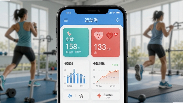 运动秀APP主界面展示,智能健身记录仪表盘,包含步数、心率、卡路里消耗等数据图表