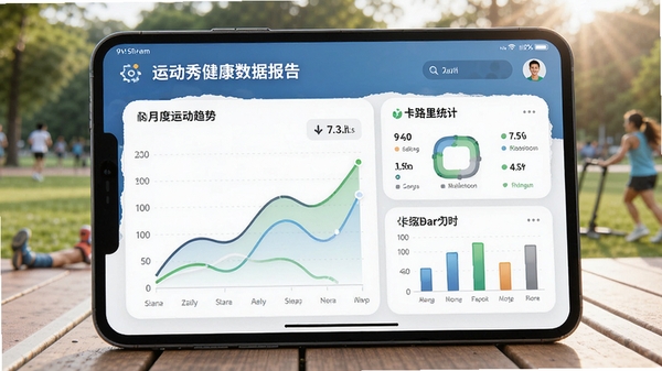 运动秀健康数据报告界面,展示月度运动趋势图表与卡路里统计