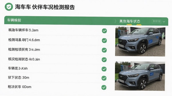 淘车车伙伴车况检测报告模板,包含车辆各个部位检测项,打勾标记状态,配以车辆实拍图片,界面清晰直观,绿色安全图标点缀