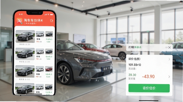 淘车车伙伴APP界面截图,展示车辆列表和估价功能,现代简约的UI设计风格,背景为明亮的汽车展厅,画面清晰有质感,突出二手车交易的专业氛围