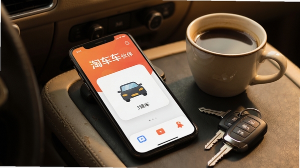 手机屏幕显示淘车车伙伴App运行流畅,旁边有一杯咖啡和车钥匙,体现移动端使用的便捷性,暖色调实拍风格