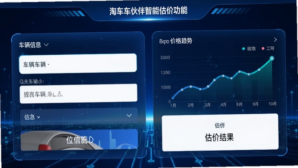 淘车车伙伴智能估价功能界面,显示车辆信息输入框和估价结果页面,图表展示价格趋势,数据可视化风格,蓝色科技感背景