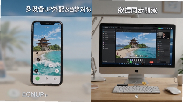 ECNUP外语在手机和电脑模拟器上运行对比图,强调多设备适配与数据同步功能