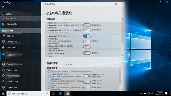 往链点点通软件设置界面,展示性能优化选项和信任列表管理,背景为Windows系统设置风格,清晰展示各选项开关,高清渲染
