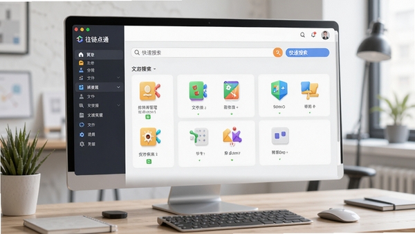 往链点点通软件主界面截图,展示文件分类管理、快速搜索框和功能导航栏,界面清爽现代,图标色彩鲜明,背景为桌面工作场景,高清渲染