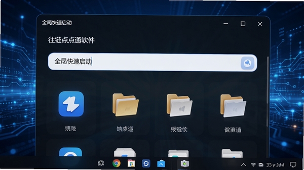 往链点点通软件全局快速启动界面,输入框显示关键词,下方列出匹配的应用和文件图标,背景为桌面任务栏,蓝色调科技感,高清渲染