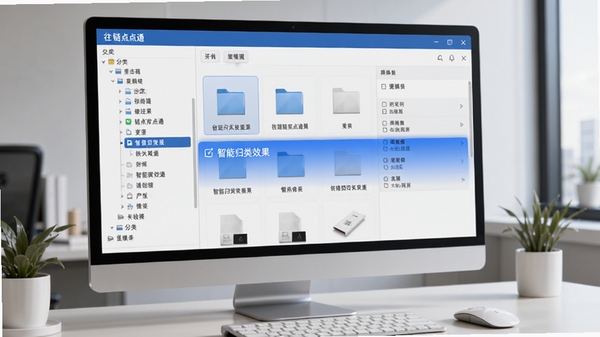 往链点点通软件文件分类界面,左侧为分类树,右侧显示文件缩略图和详细信息,高亮显示智能归类效果,背景为整洁的电脑桌面,现代办公风格,高清渲染