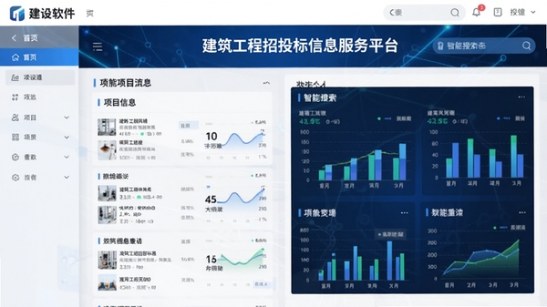 建设通软件界面截图,展示首页的项目信息流和智能搜索框,风格现代简洁,数据可视化图表清晰,蓝色科技感背景,突出“建筑工程招投标信息服务平台”的核心定位。