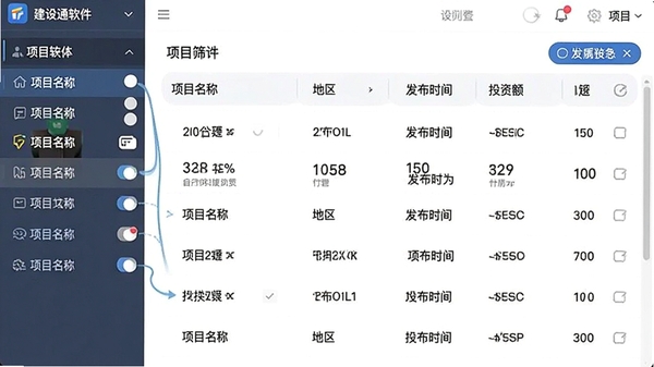 建设通软件的项目筛选界面,左侧为多维度筛选条件栏,右侧为匹配的项目列表,列表包含项目名称、地区、发布时间、投资额等关键字段,界面清晰,交互流畅。