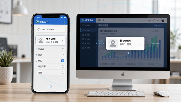 建设通软件的订阅推送设置界面,展示用户可以自定义关键词、地区、推送频率等选项,手机和电脑屏幕模拟图展示推送通知的到达效果,强调“实时、精准”的特点。