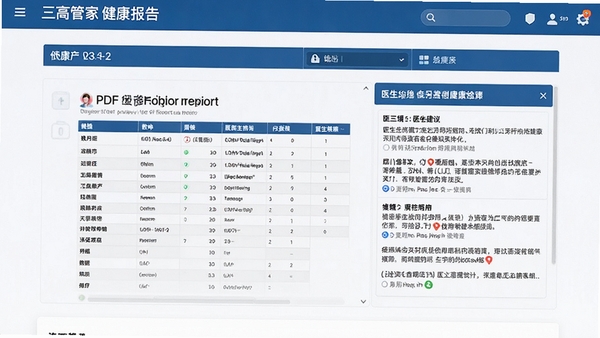 三高管家健康报告导出页面,显示PDF格式报告预览,包含数据表格和医生建议区域