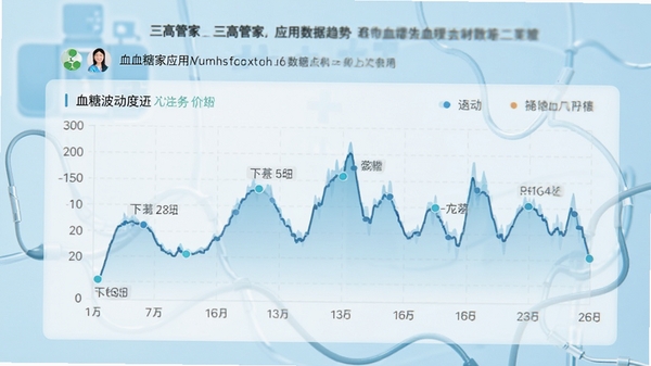 三高管家应用的数据趋势图表界面,展示血糖波动曲线,背景为浅蓝色医疗风格