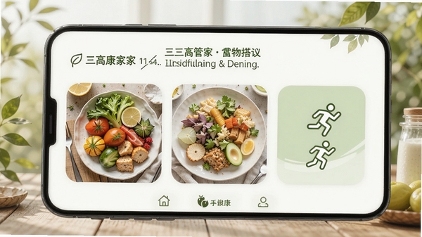三高管家推送健康建议的界面,包含食物搭配图片和运动图标,整体风格清新自然