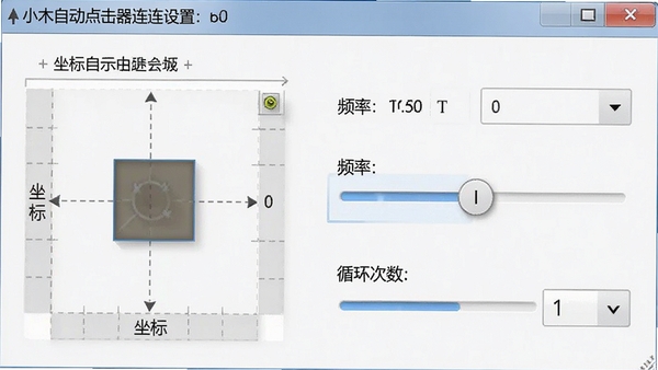 小木自动点击器连点设置界面,包含坐标选择、频率调节和循环次数参数,界面清晰直观