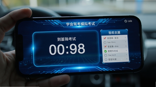 学会驾考模拟考试界面,显示倒计时和答题卡,手机屏幕特写,背景虚化,突出考试氛围,蓝色科技感光效。