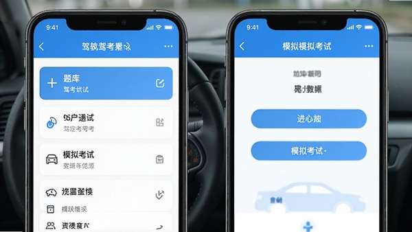 学会驾考APP界面截图,展示题库列表和模拟考试功能,高清手机界面设计,现代扁平风格,蓝色主色调,简洁明亮,突出驾考学习氛围。