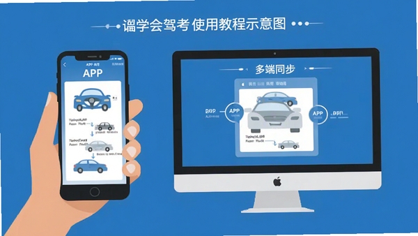 学会驾考使用教程示意图,手机和电脑同时显示APP界面,蓝色背景,扁平化设计,强调多端同步。