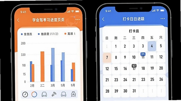 学会驾考学习进度页面,显示统计图表和打卡日历,手机界面设计,橙色和蓝色搭配,数据可视化。