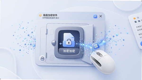 我的地盘磁盘加密软件文件保险柜操作演示,鼠标拖拽文件到加密保险柜窗口,周围有粒子消散效果表示文件被安全加密,界面圆润细腻,凸显安全可靠