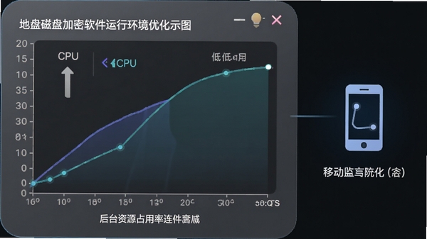 我的地盘磁盘加密软件运行环境优化示意图,展示后台资源占用率曲线图,低CPU占用显示,旁边有移动设备连接提示图标,风格简约科技感
