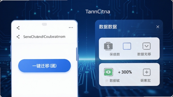 手机搬家软件主界面示意图,展示一键迁移功能按钮和各类数据迁移选项,风格简洁现代,蓝色科技感背景