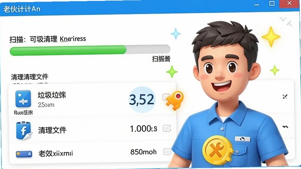 老伙计软件进行垃圾清理的界面,显示扫描进度条和可清理的垃圾文件列表,色彩明亮,突出清理效果。