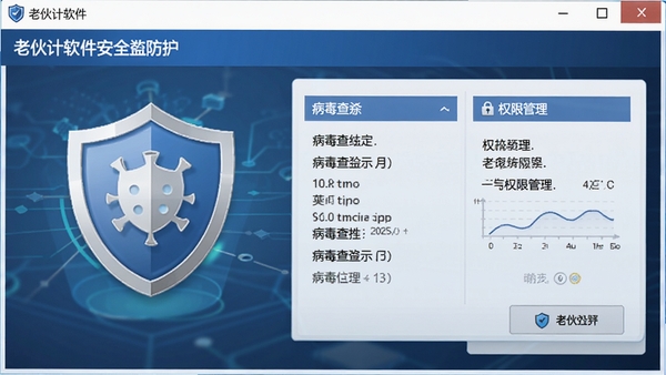 老伙计软件的安全防护界面,显示病毒查杀结果和权限管理选项,盾牌图标醒目,整体风格安全可靠。