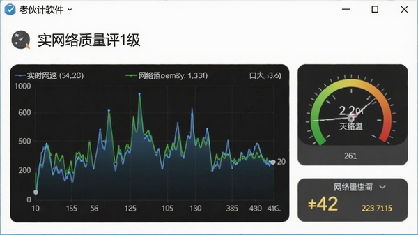 老伙计软件的网络测速界面,展示实时网速数据波形图,并给出网络质量评级,设计直观易懂。
