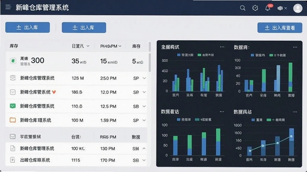 新峰仓库管理系统主界面截图,展示清晰的库存列表、出入库按钮和醒目的数据看板,界面风格现代简洁,数据图表可视化呈现