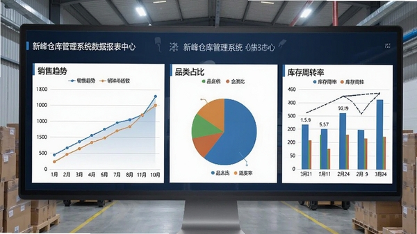 新峰仓库管理系统数据报表中心,展示销售趋势折线图、品类占比饼图和库存周转率柱状图,界面专业且信息丰富