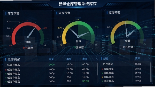 新峰仓库管理系统库存预警仪表盘,用红黄绿颜色标识不同库存状态,下方滚动显示低库存商品列表,背景为动态数据流