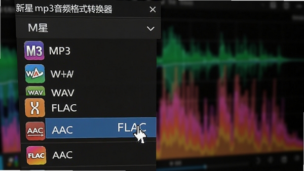 新星mp3音频格式转换器格式选择菜单特写,展示下拉列表中包含MP3、WAV、FLAC、AAC等多种彩色图标格式选项,鼠标指针悬停在FLAC格式上,背景为模糊化的音频频谱动态壁纸。