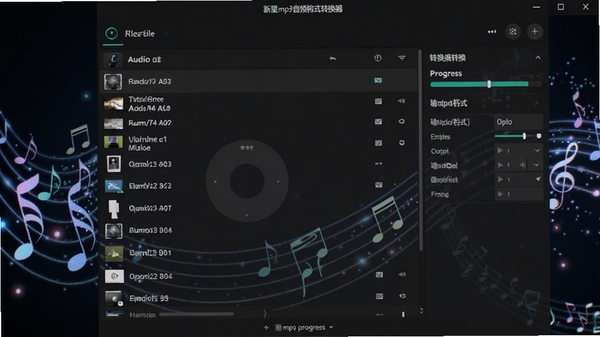 新星mp3音频格式转换器主界面截图,展示其简洁的深色主题设计风格,中央为待转换音频文件列表,右侧实时显示转换进度与输出格式选项,背景配以流动的音符光影特效,整体画面科技感十足且层次分明。