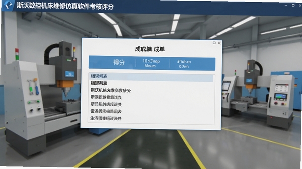 斯沃数控机床维修仿真软件考核评分界面,成绩单弹出,显示得分和错误列表,背景为虚拟车间,风格简洁。