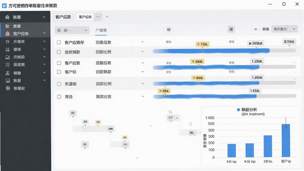 方可进销存单账套往来账款界面,显示客户应收列表,蓝色进度条表示回款比例,右下角有账龄分析图表