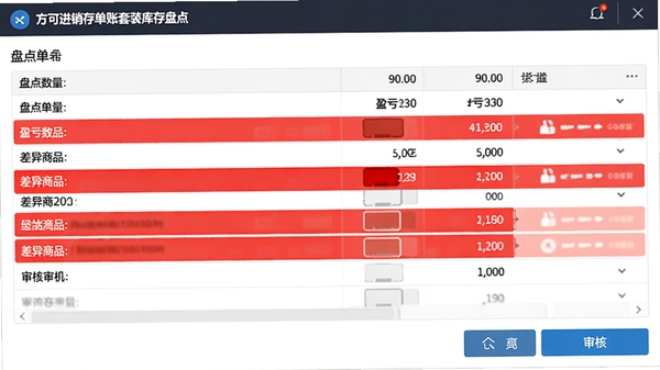 方可进销存单账套库存盘点界面,盘点单列表显示盈亏数量,差异商品红色高亮,底部有审核按钮
