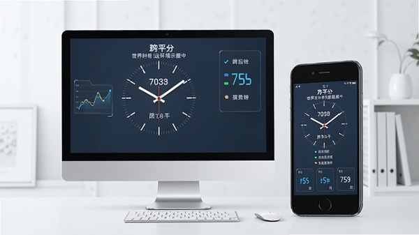 方医生世界时钟运行环境示意图,电脑与手机并排显示,界面同步,背景简洁,突出跨平台使用场景。