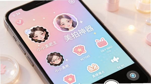 小小美吧主界面展示,清新简约风格,手机屏幕上有各种美颜滤镜和贴纸图标,背景为渐变色,光线柔和,突出“美拍神器”主题,高清渲染