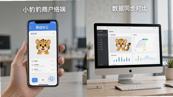 小豹豹商户端手机端和电脑端使用场景对比图,展示移动办公的便捷性和数据同步功能。