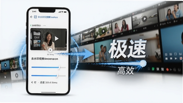去水印视频解析软件解析过程示意图,手机屏幕显示链接自动识别并快速解析,进度条瞬间完成,背景为动态视频帧,突出“极速”与“高效”
