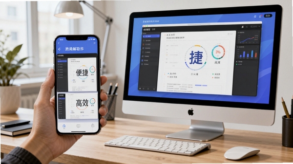 去水印视频解析软件使用场景示意图,手机与电脑同时显示软件界面,展示跨设备使用,背景为工作台面,突出“便捷”与“高效”