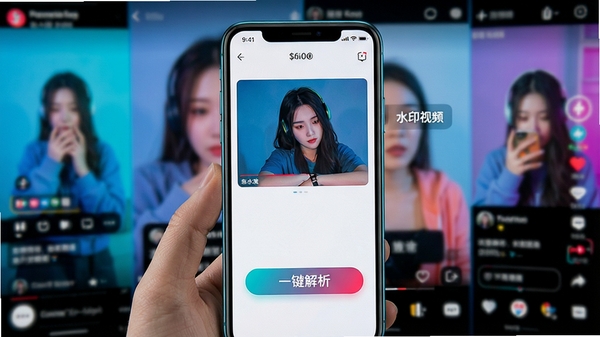 一张手机屏幕展示去水印视频解析软件界面,背景为短视频播放画面,界面简洁,突出“一键解析”按钮,色彩明亮,科技感十足