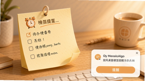 旋风桌面便签提醒功能示意图,显示一张便签上带有闹钟图标和待办事项列表,桌面右下角弹出提醒窗口,整体色调温馨,UI设计友好,高清渲染