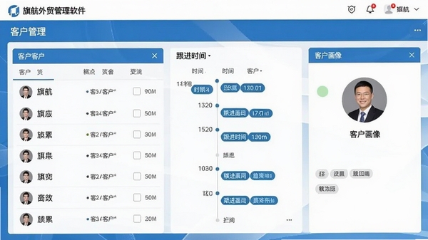 旗航外贸管理软件客户管理界面,展示客户列表、跟进时间线、客户画像标签,界面采用蓝白配色,数据卡片布局整齐
